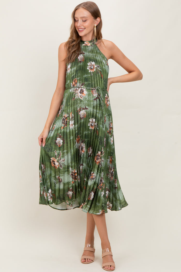 Olive Floral Pleated Halter Maternity Midi Dress