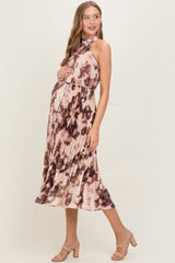 Brown Floral Pleated Halter Maternity Midi Dress