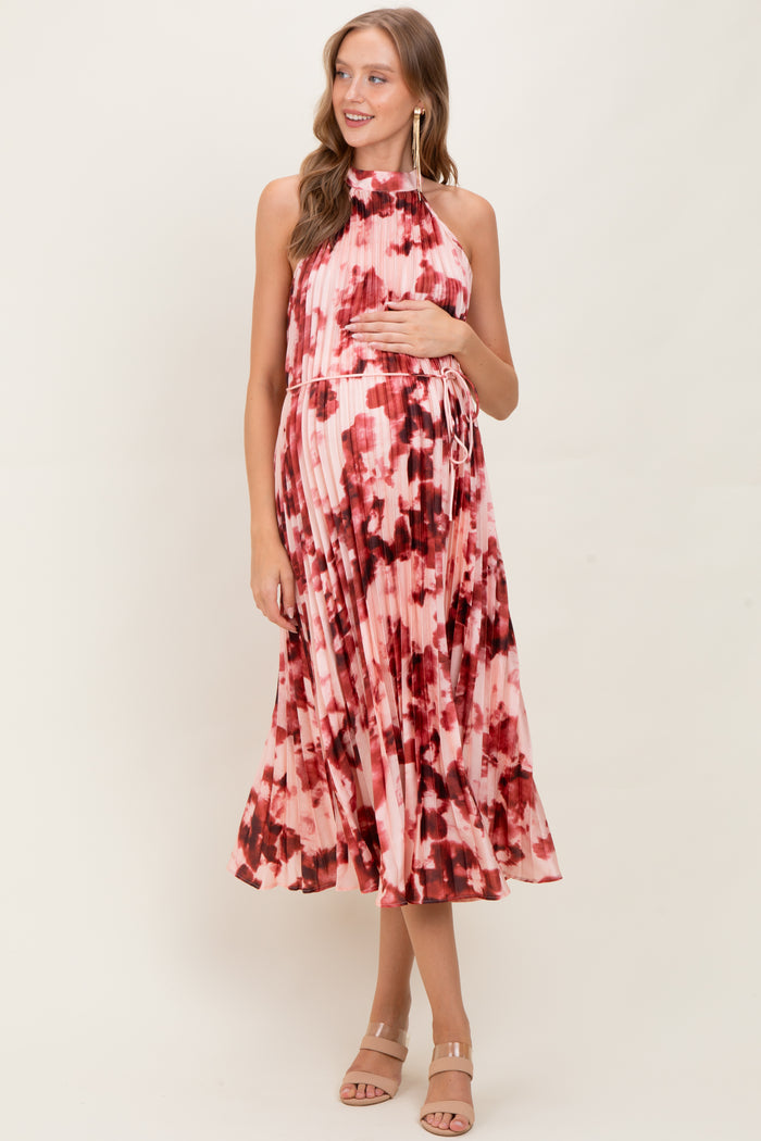 Red Floral Pleated Halter Maternity Midi Dress