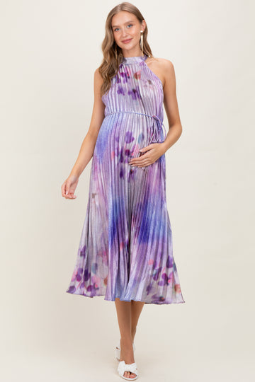 Lavender Floral Pleated Halter Maternity Midi Dress