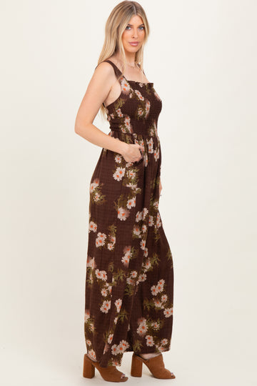Brown Floral Smocked Jumpsuit