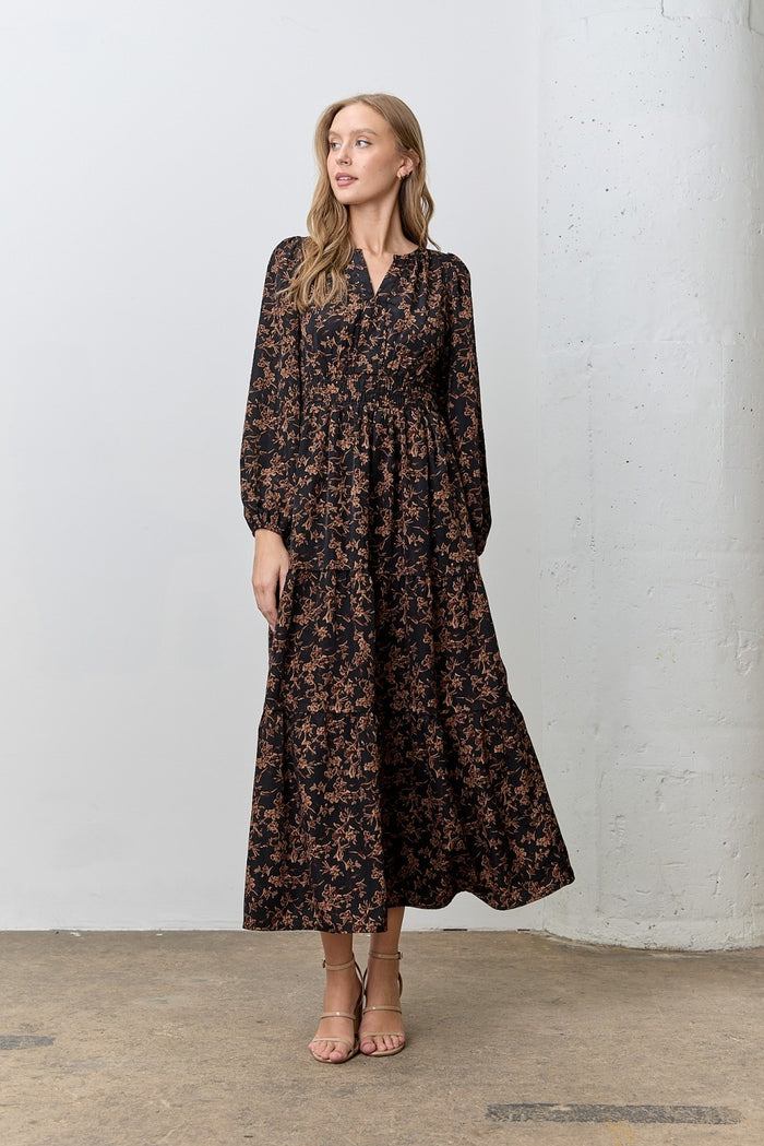 Black Floral Smocked Waist Long Sleeve Maternity Midi Dress