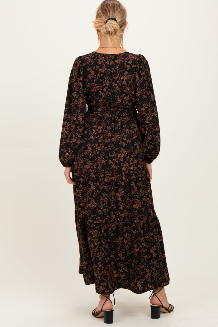 Black Floral Smocked Waist Long Sleeve Maternity Midi Dress