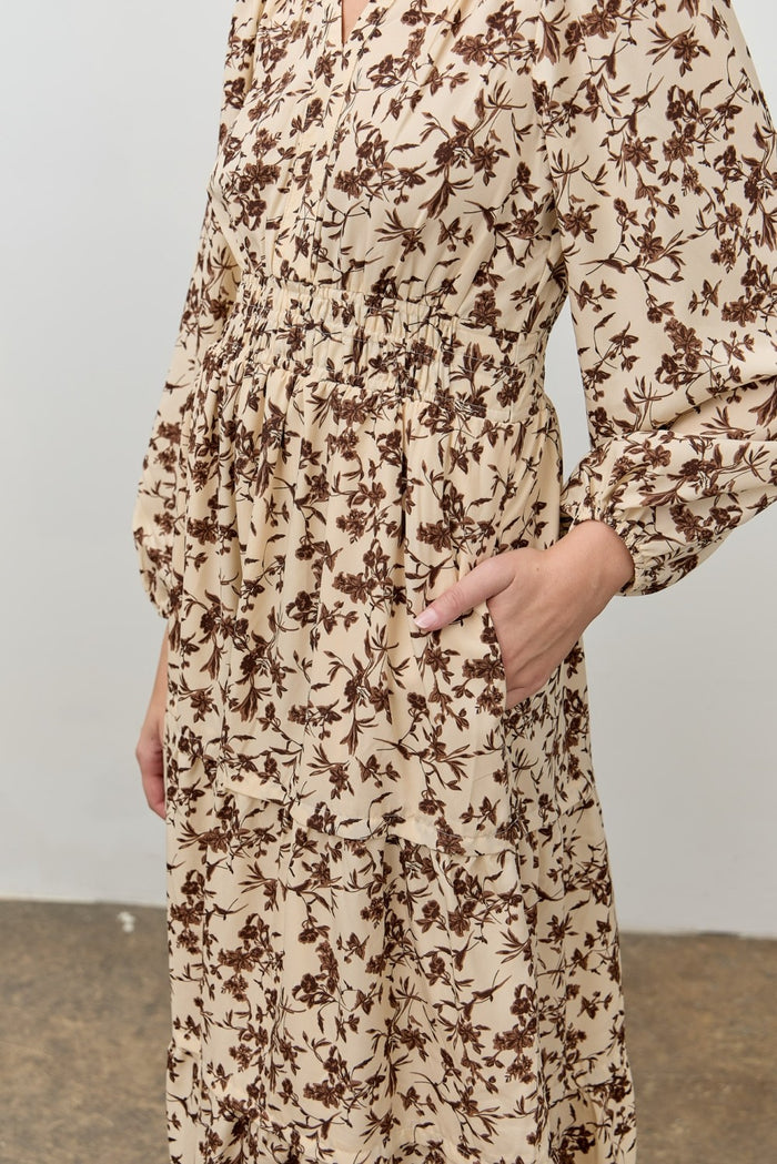 Cream Floral Smocked Waist Long Sleeve Midi Dress