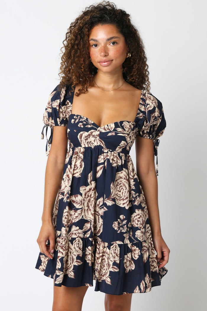 Navy Floral Sweetheart Neckline Maternity Mini Dress