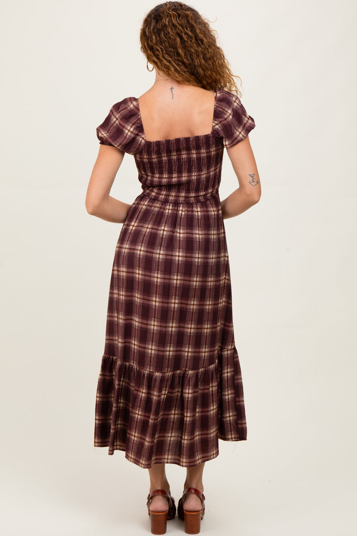 Burgundy Plaid Smocked Puff Sleeve Midi Dress