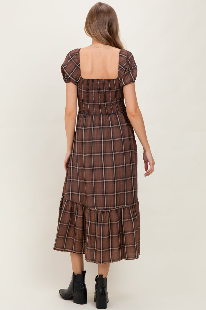 Brown Plaid Smocked Puff Sleeve Maternity Midi Dress