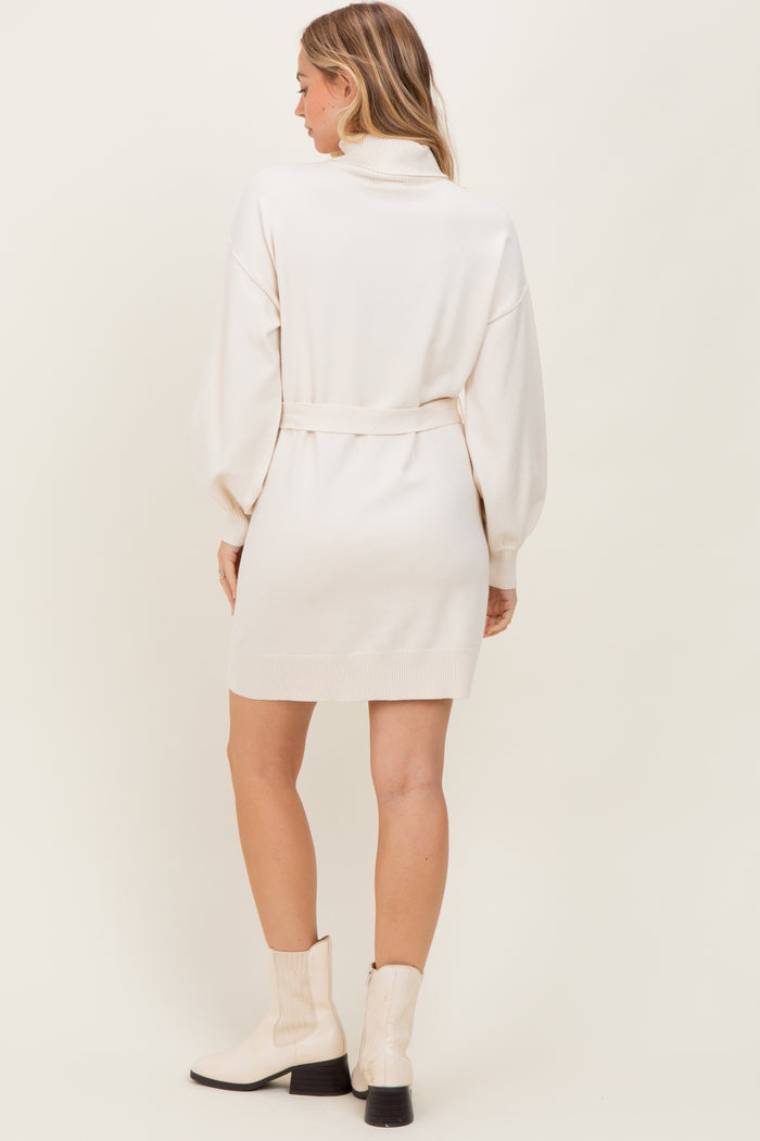 Cream Turtleneck Belted Mini Sweater Dress
