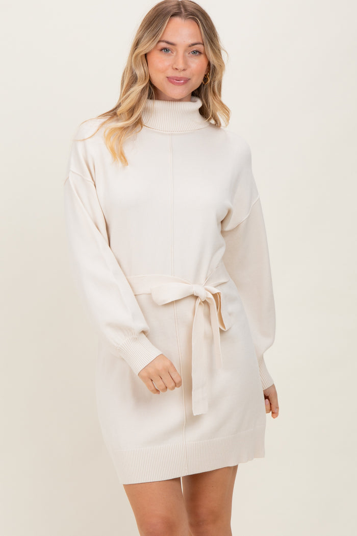 Cream Turtleneck Belted Mini Sweater Dress