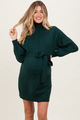 Forest Green Turtleneck Belted Mini Sweater Maternity Dress