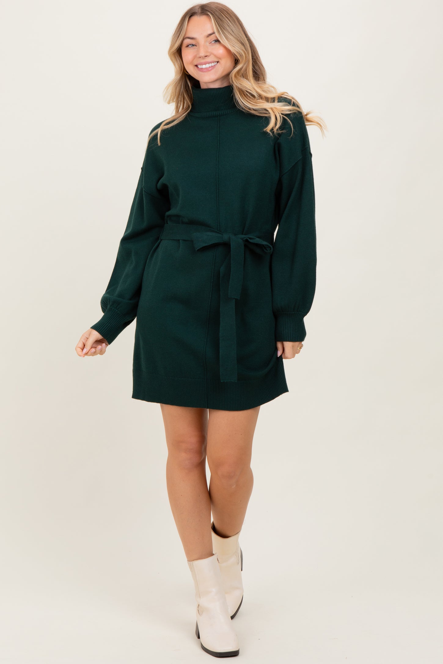 Forest Green Turtleneck Belted Mini Sweater Maternity Dress