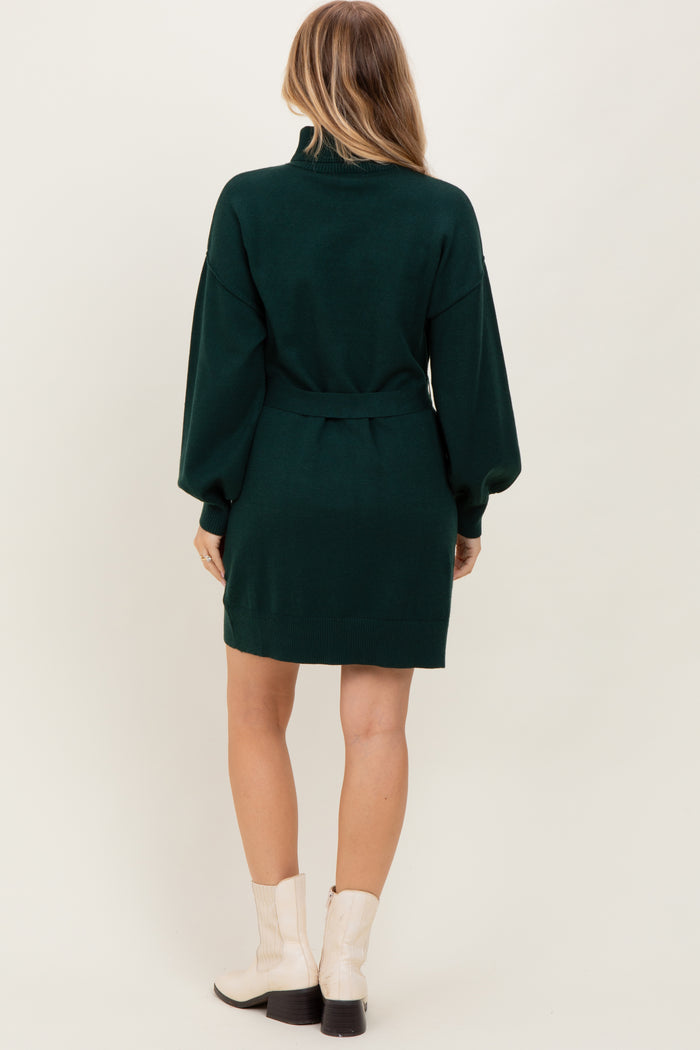 Forest Green Turtleneck Belted Mini Sweater Dress