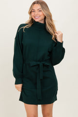 Forest Green Turtleneck Belted Mini Sweater Dress