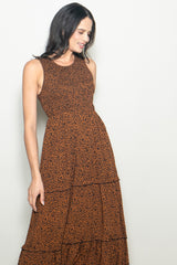Brown Animal Print Sleeveless Smocked Tiered Maxi Dress