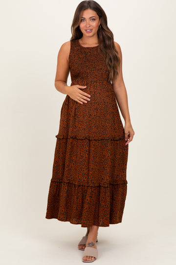 Brown Animal Print Sleeveless Smocked Tiered Maternity Maxi Dress
