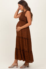 Brown Animal Print Sleeveless Smocked Tiered Maternity Maxi Dress