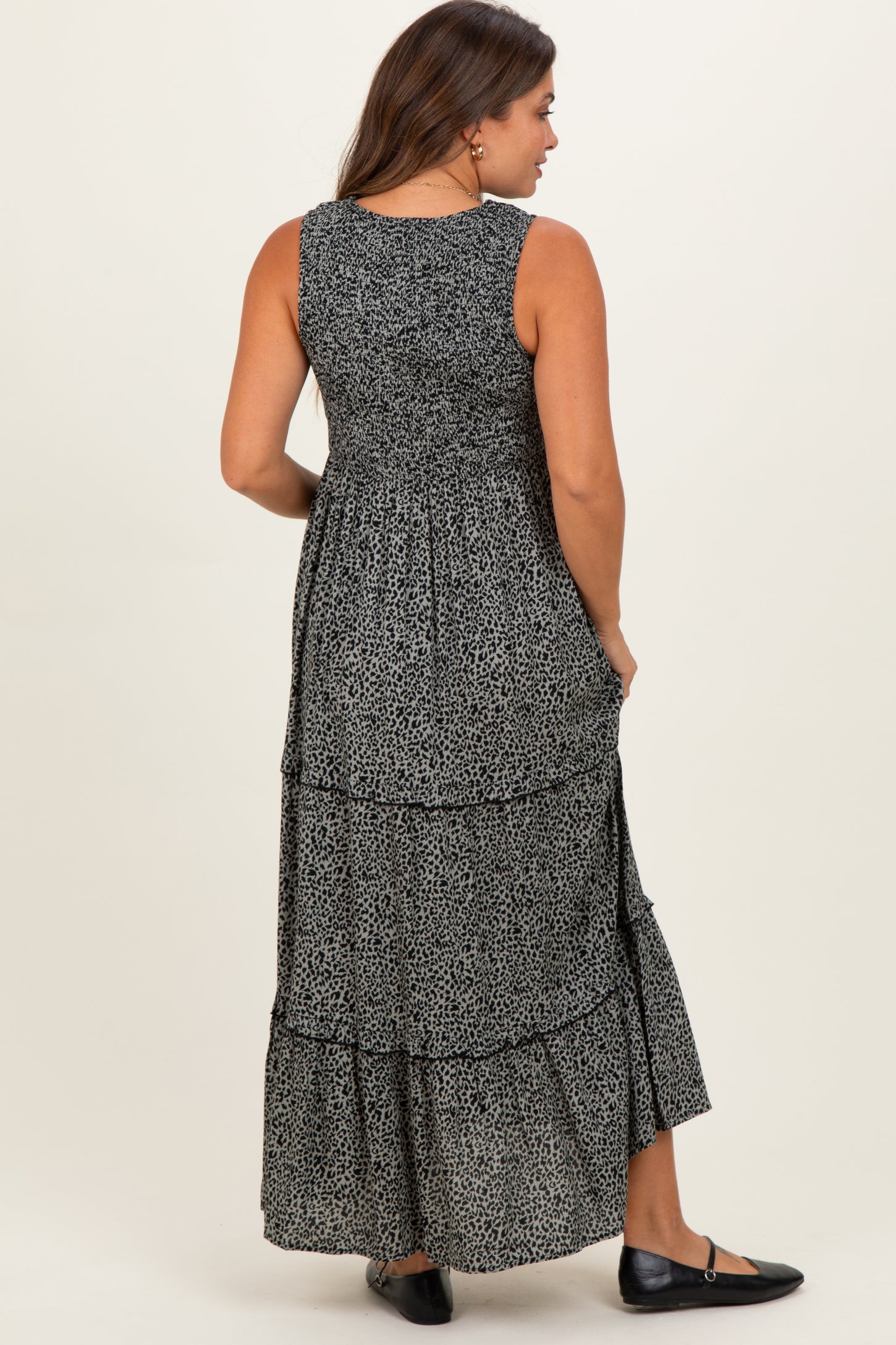 Grey Animal Print Sleeveless Smocked Tiered Maternity Maxi Dress