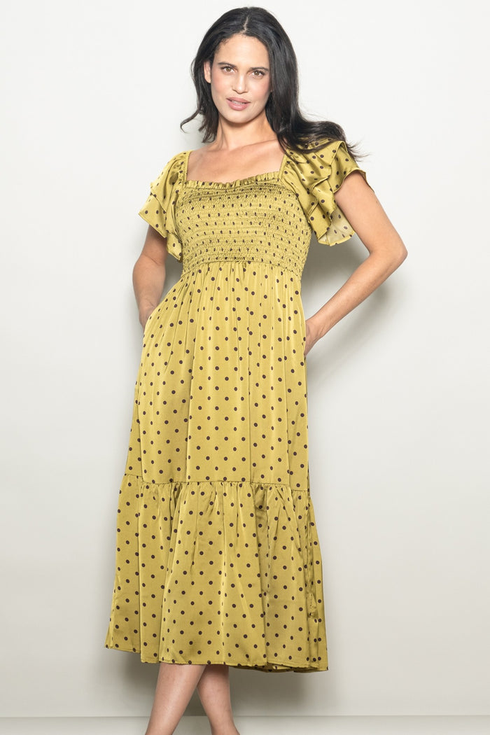 Light Olive Polka Dot Satin Smocked Flutter Sleeve Maternity Dress