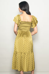 Light Olive Polka Dot Satin Smocked Flutter Sleeve Dress