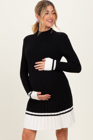 Black Ribbed Contrast Hem Maternity Sweater Dress