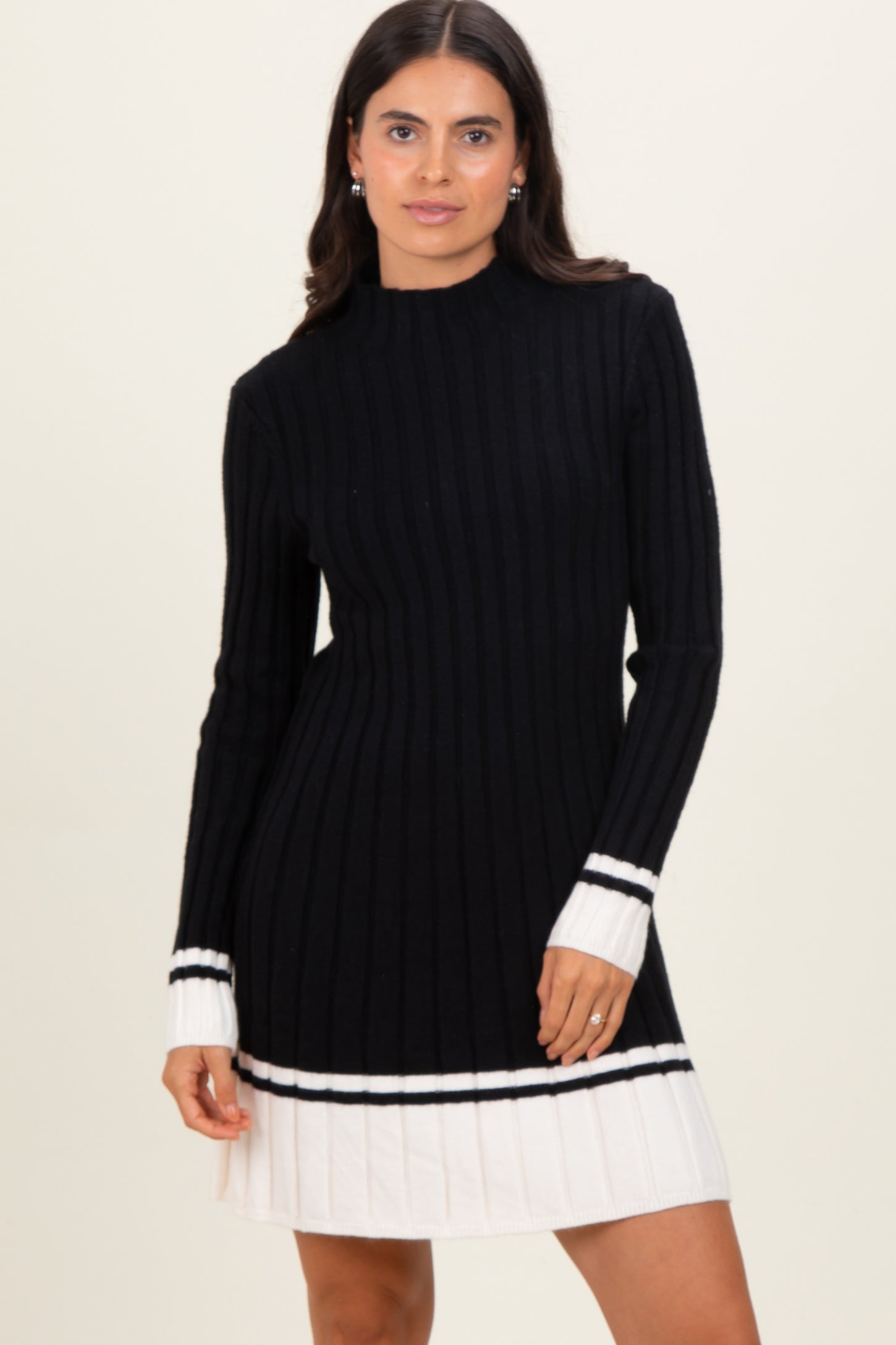 Black Ribbed Contrast Hem Sweater Dress