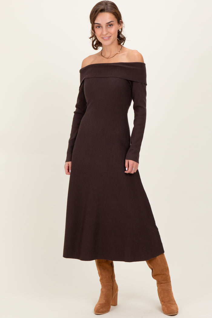Brown Off Shoulder Maternity Sweater Midi Dress