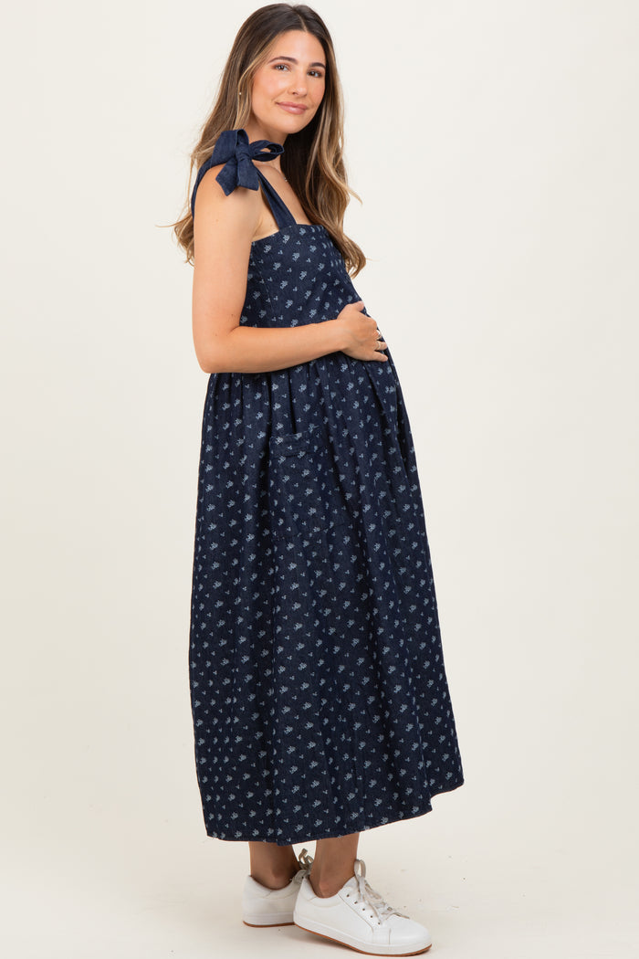 Navy Floral Button Down Shoulder Tie Maternity Midi Dress