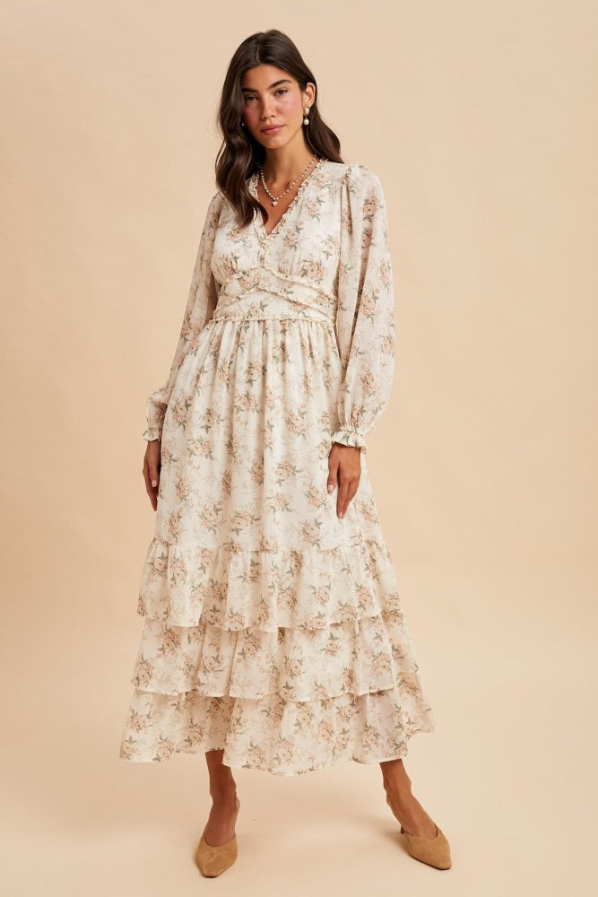 Cream Vintage Floral Ruffle Tiered Hem Maternity Maxi Dress