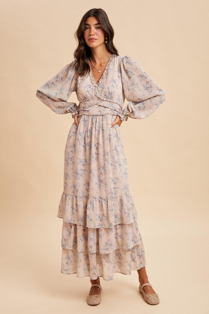 Light Pink Vintage Floral Ruffle Tiered Hem Maxi Dress