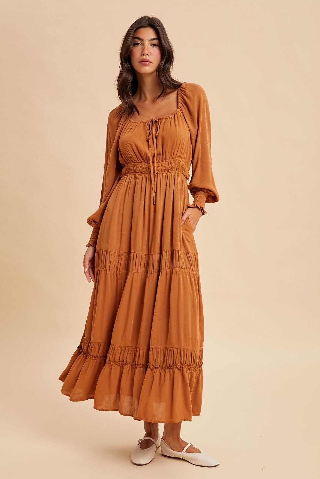 Camel Square Neck Long Sleeve Maxi Dress