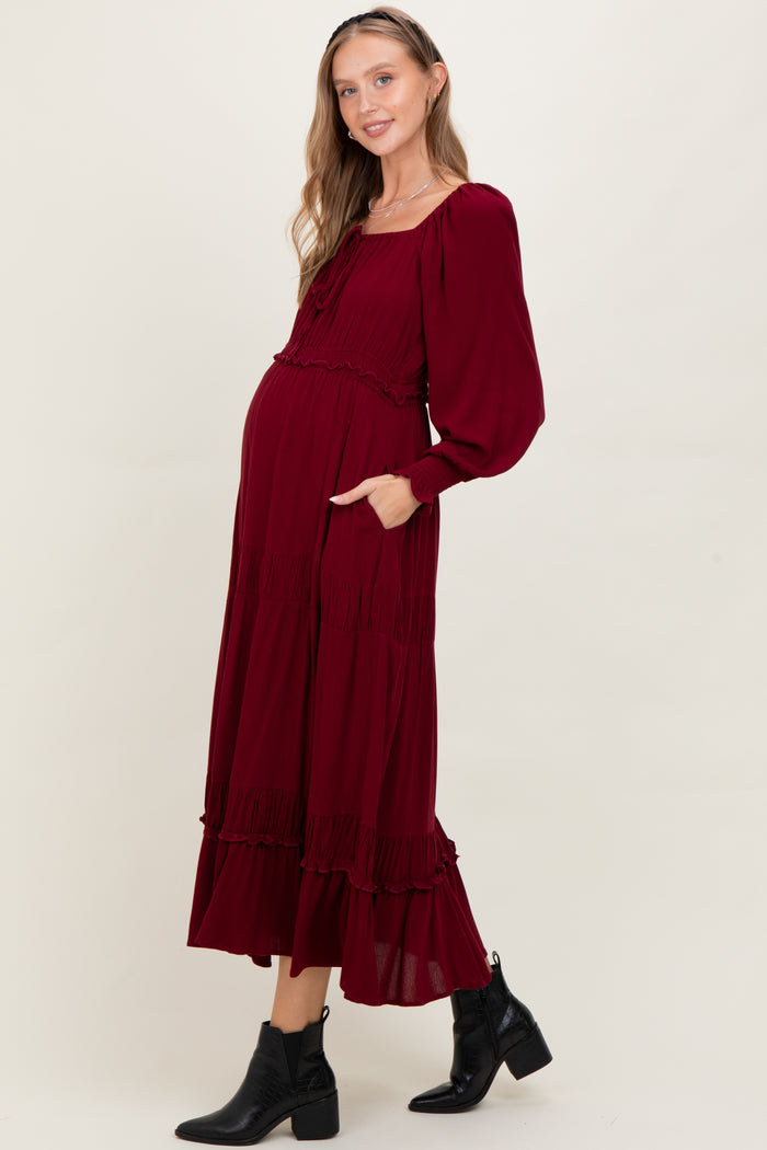 Burgundy Square Neck Long Sleeve Maternity Maxi Dress