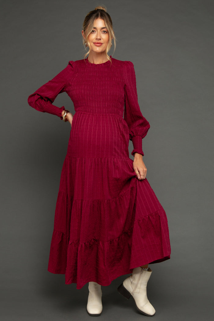Burgundy Swiss Dot Smocked Tiered Maternity Maxi Dress