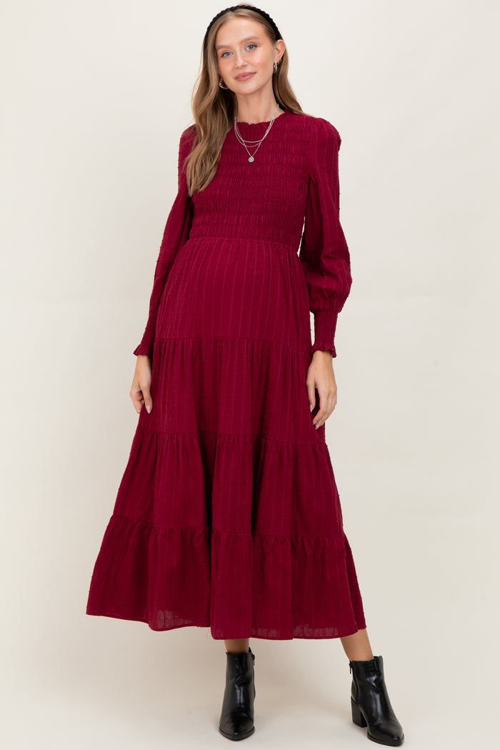 Burgundy Swiss Dot Smocked Tiered Maternity Maxi Dress