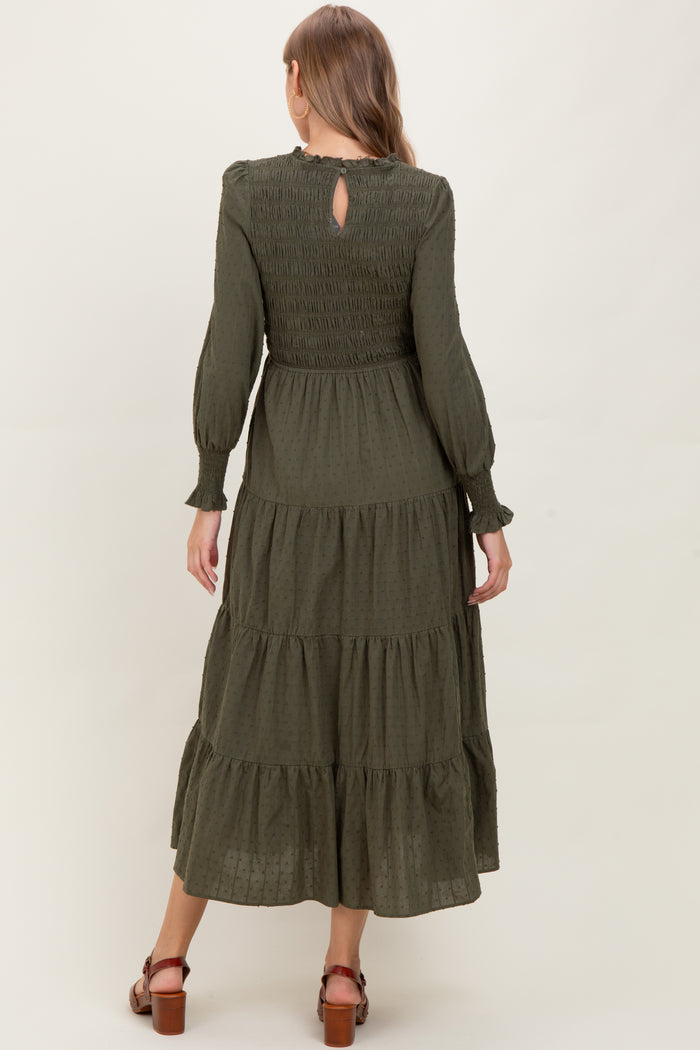 Olive Swiss Dot Smocked Tiered Maternity Maxi Dress