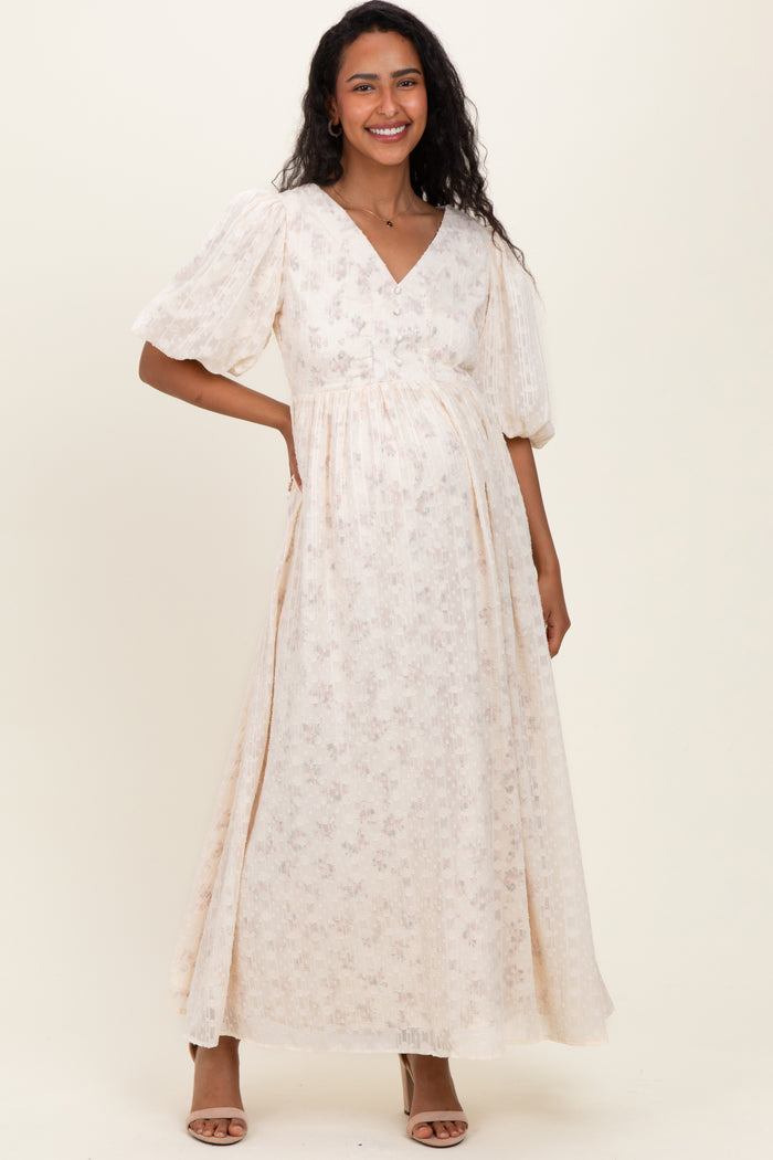 Cream Floral Textured Chiffon Overlay Maternity Maxi Dress