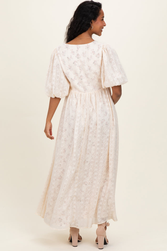 Cream Floral Textured Chiffon Overlay Maternity Maxi Dress