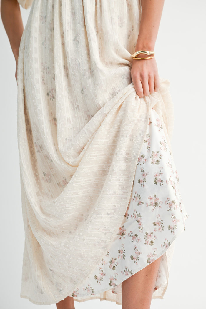 Cream Floral Textured Chiffon Overlay Maxi Dress