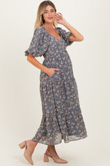 Blue Floral Sweetheart Neckline Puff Sleeve Maternity Maxi Dress