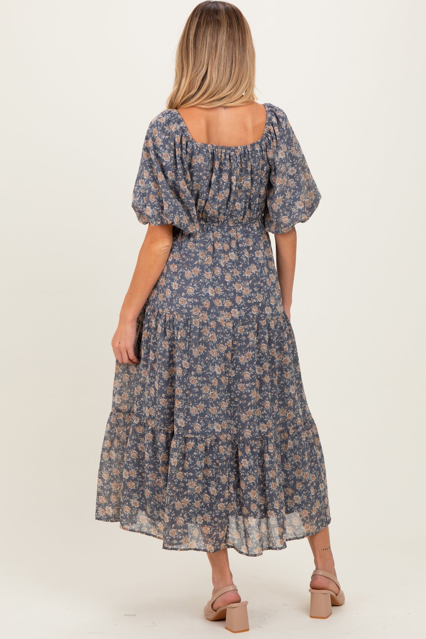 Blue Floral Sweetheart Neckline Puff Sleeve Maternity Maxi Dress