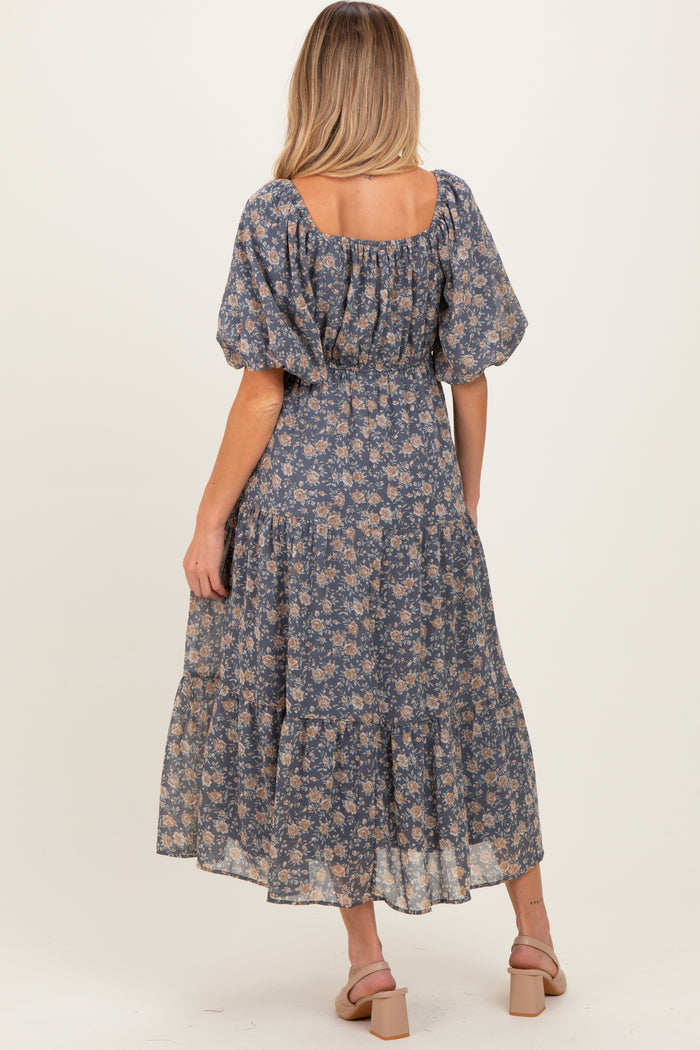 Blue Floral Sweetheart Neckline Puff Sleeve Maternity Maxi Dress