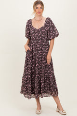 Brown Floral Sweetheart Neckline Puff Sleeve Maxi Dress