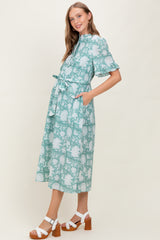 Light Olive Floral Ruffle Button Up Neckline Maternity Midi Dress