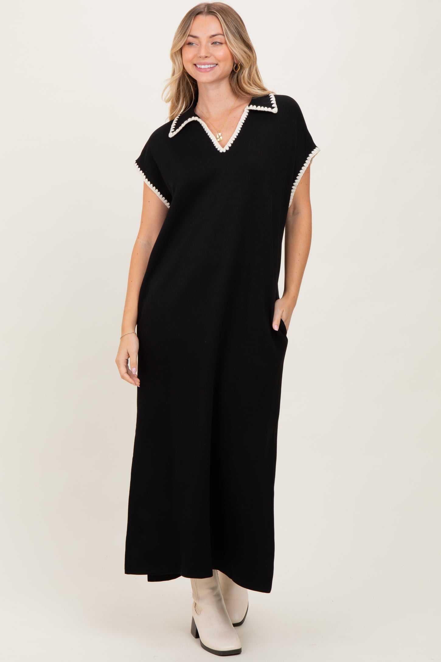Black Collared Stitch Detail Short Sleeve Maternity Midi Dress