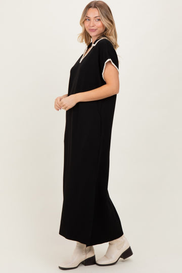 Black Collared Stitch Detail Short Sleeve Midi Dress
