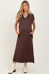 Brown Collared Stitch Detail Short Sleeve Maternity Midi Dress