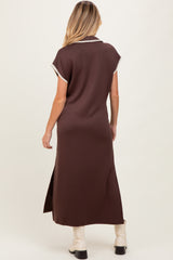 Brown Collared Stitch Detail Short Sleeve Maternity Midi Dress