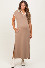 Mocha Collared Stitch Detail Short Sleeve Maternity Midi Dress