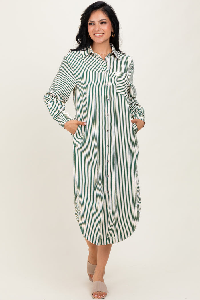 Forest Green Textured Stripe Button Down Shirt Dress
