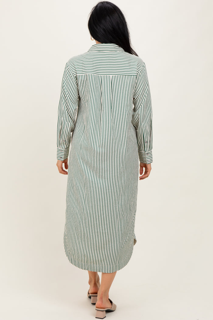 Forest Green Textured Stripe Button Down Shirt Dress