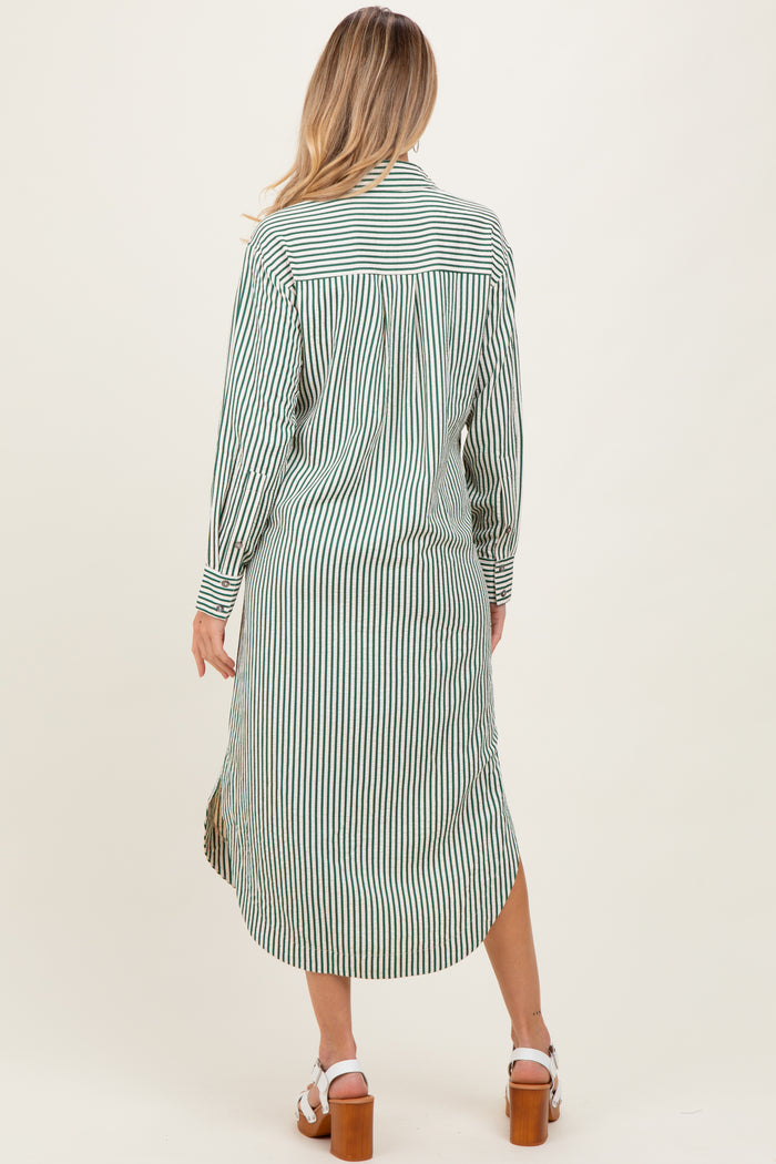 Forest Green Textured Stripe Button Down Maternity Shirt Dress